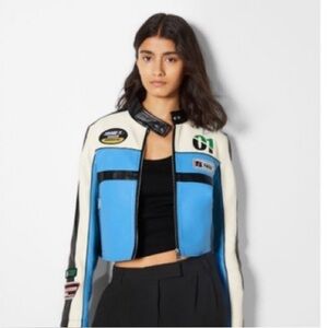 Bershka Black Blue White Leather Racing Jacket